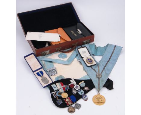 A Collection of Masonic jewels, aprons, etc.,
including 9ct gold Lodge of Temperance and 11 others including silver and ename