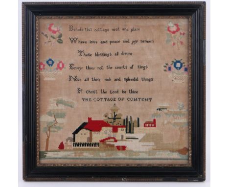 A Victorian woolwork tapestry in glazed ebony and gilded frame,
height 17.5" overall.