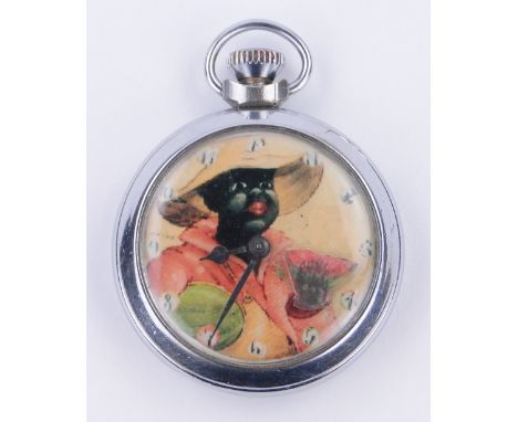 A chrome plate topwind pocket watch with automaton dial,
depicting a black boy eating a watermelon, case width 50mm.
