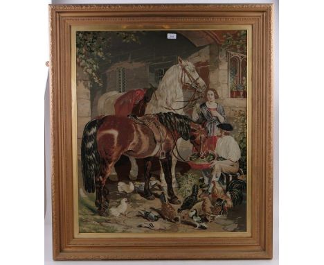 Antique tapestry made by Alice Bessy Brazil,
depicting horses, figures and chickens in embossed gilt frame, height 45" overal