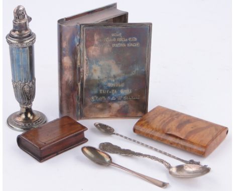 A silver plated box,
in the form of a book with Israeli inscription, length 5.25", treen snuff boxes, table lighter, etc.