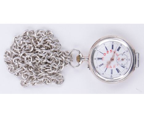 A lady's Swiss silver and enamel cased pocket watch,
case width 38mm on long silver chain.