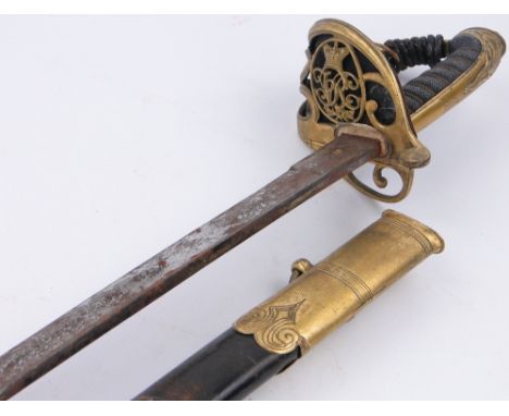 A Victorian sword in brass mounted leather scabbard.