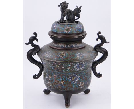 A large Chinese Cloisonne jar and cover,
with floral designs, tripod supports and dog of fo knop, with seal mark under, heigh