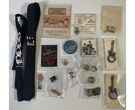 Good selection of Beatles memorabilia and collectables to include: two 'Rockfield' ties, 16 other assorted items to inc brooc