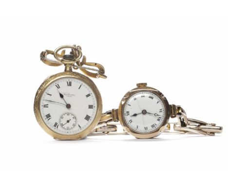 LADY'S EIGHTEEN CARAT GOLD OPEN FACE KEYLESS WIND FOB WATCHthe round white enamel dial with Roman numerals in black, subsidia