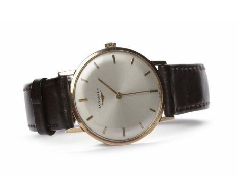 GENTLEMAN'S LONGINES NINE CARAT GOLD MANUAL WIND WRIST WATCH the round dial with applied gold coloured baton numerals, the 34