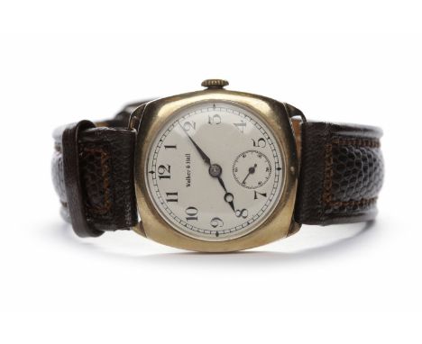 1940S NINE CARAT GOLD CUSHION CASE MANUAL WIND WRIST WATCHthe round dial with 'Walker and Hall,' Arabic numerals in black, su