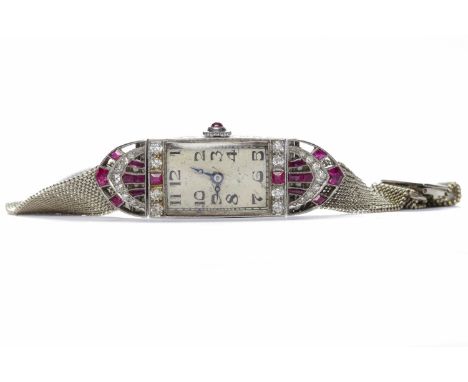 ART DECO RUBY AND DIAMOND MANUAL WIND COCKTAIL WATCHthe rectangular dial with Arabic numerals in black, outer seconds track i