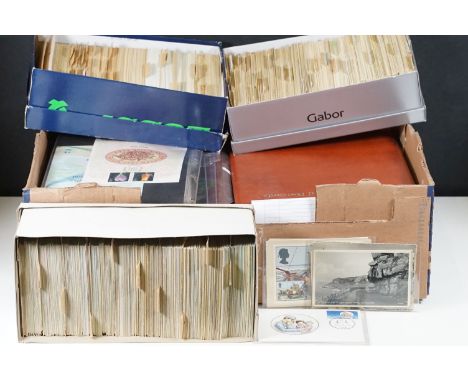 Three boxes of mainly humorous vintage postcards, six albums of Royal Mail picture postcards across six albums together with 