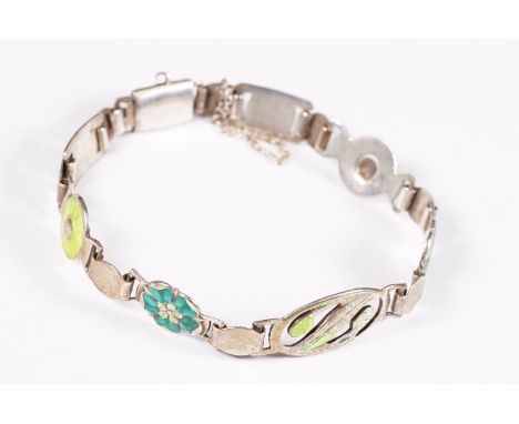 A vintage continental silver and enamel art nouveau panel bracelet. 