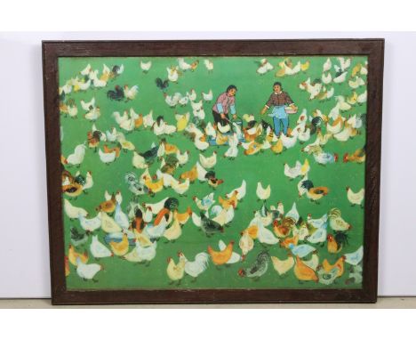 Vintage Chinese social history scene with women feeding chickens, label verso 'Brigade Chicken Farm', print, 47.5 x 61cm