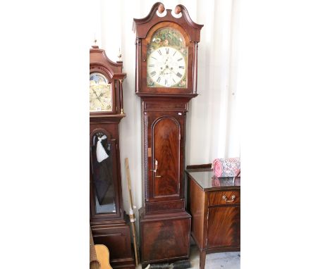19th century mahogany cased two train long cased clock with swan neck pediment above painted dial, the dial inscribed Wm McQu