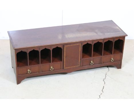Vintage table top pigeon hole cabinet with four drawers and cupboard to centre, 26cm high x 73cm wide x 24cm deep