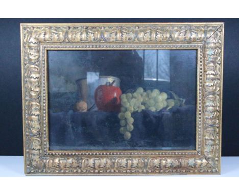 Still life study of fruit and a pan, oil on board, 22.5 x 33cm, gilt framed