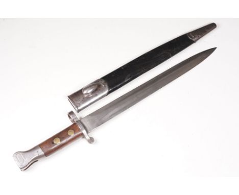 A British M1888 Mk I Type II Lee Metford bayonet, with 30.5cm twin edge blade and leather scabbard.