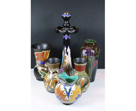 Mid 20th century Zuid Holland Gouda pottery vase, H 23.5cm with tulip detail together together with a Desire jug, Plato vase 