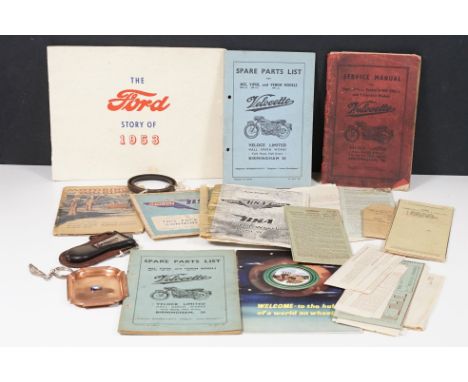 A collection of mixed automobilia to include keyring, ashtray and a selection of ephemera to include Velocette parts lists, s