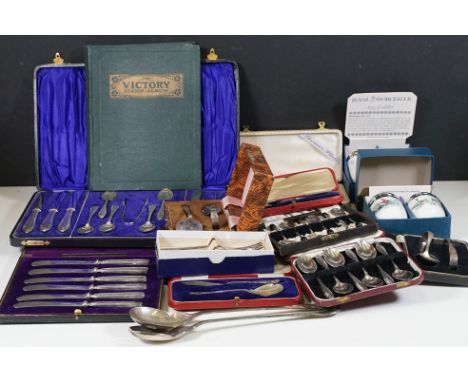 A collection of cased silver plated cutlery together with two cased fully hallmarked sterling silver spoons. 