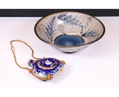 Emile Balon Majolica earthenware pilgrim flask with swan and arrow decoration and 'Ulysse a Bloise' inscription, H 14cm toget