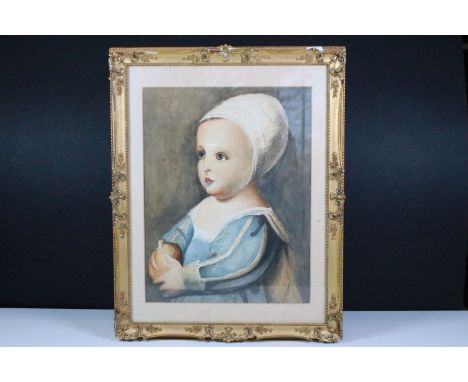 Portrait of a baby wearing a bonnet, watercolour, 32 x 24.5cm, gilt framed and glazed