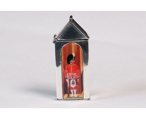Silver plated vesta case in the form of an enamel sentry box
