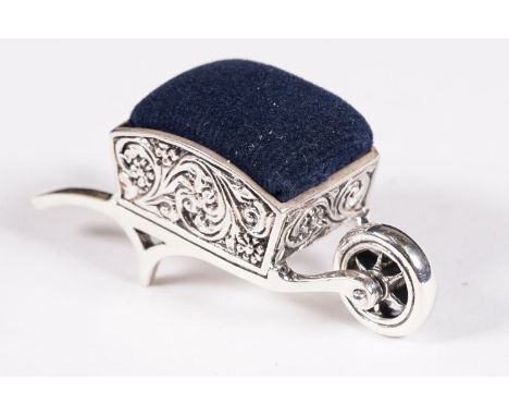 Silver wheelbarrow pin cushion 
