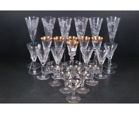 Mixed sets of glasses to include Gold rim vintage sherry glasses, Art Deco champagne glasses and etched champagne flutes (1 b