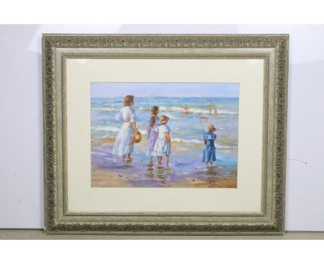 Impressionist school, beach scene with family group paddling, oil, 30 x 42cm, framed and glazed