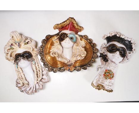 Three large Venetian ceramic decorative wall hanging masks 