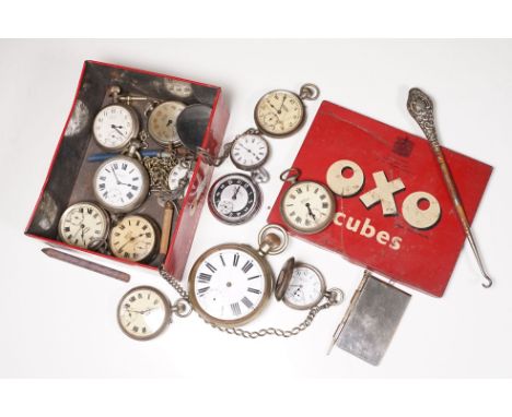 A collection of mixed pocket watches to include sterling silver cased examples together with albert chains, button hook and n