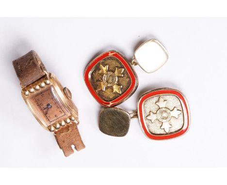 A ladies vintage 9ct gold cased wristwatch together with a pair of fully hallmarked sterling silver and enamel cufflinks. 