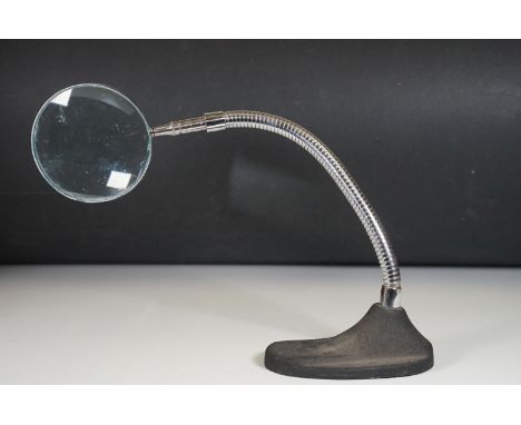 Art Deco desk magnifying glass on a goose neck stem and cast iron base, 41cm high