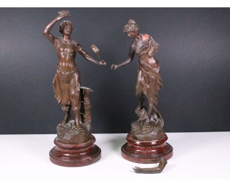 After Charles Ruchot, a pair of 20th century Art Nouveau style spelter sculpture figurines on wooden plinths, one depicting a