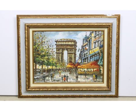 Impressionist school, view of Paris Arc de Triomphe with figures in the foreground, oil on board, indistinctly signed lower l