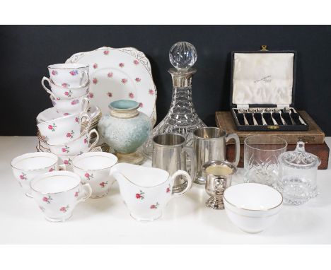 Garrard, London glass ships decanter with silver collar, hallmarked London, 1993 together with boxed silver plated teaspoons,