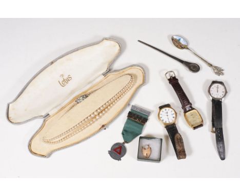 A small group of mixed collectables to include watches, cased pearl necklace, 9ct gold locket, paper knife and enamel spoon.