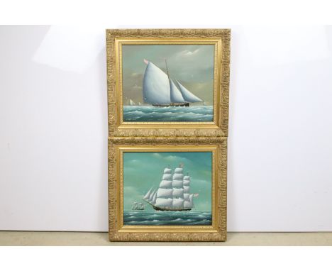 C J Guise, a pair: the cutter 'Enigma' and the clipper 'Ariel', each oil on panel, each signed, with information on labels ve