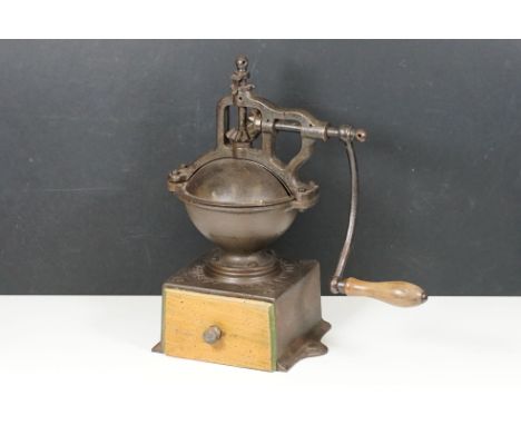 Antique French ' Peugeot Freres Brevetes ' no. 2A cast iron coffee grinder, 40cm high