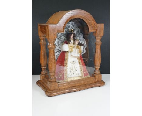 20th century religious icon Madonna and child housed in oak and glass display case, H 45cm, W 33cm, D 18cm