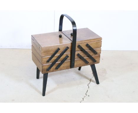 20th century vintage cantilever sewing box with three tiers, H 48cm, W 42cm, D 21cm