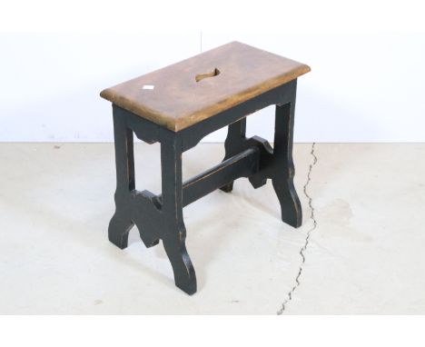 Part painted pine kitchen stool, H 46cm, W 46cm, D 31cm