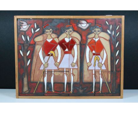 Greek ceramic plaque depicting three figures in traditional costume, 30 x 40cm, framed