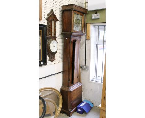 19th century oak and inlaid two train long case clock, the hood flanked by twin columns, the dial marked R Thomson, Edinburgh