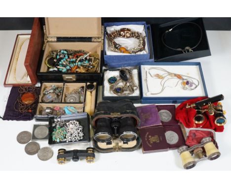 A group of mixed collectables to include a good selection of sterling silver jewellery, opera glasses and a selection of crow
