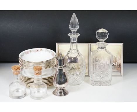 Royal Albert 'Belinda' pattern set of fourteen pieces of bowls and plates, silver plated sugar shaker, Royal Brierley crystal