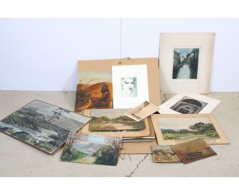 Folio containing a large number of oil paintings, watercolours and prints by various artists