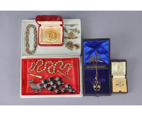 A 9ct gold Albert; a 9ct gold bracelet inset coloured hardstones; two yellow-metal necklaces; &amp; various other items of je