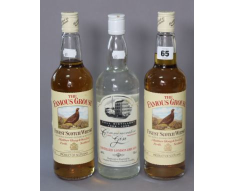 Two bottles of Famous Grouse finest Scotch Whisky (70cl); &amp; a bottle of Hull Distillery 1924-1990 commemorative Gin (75cl