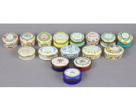 Sixteen various enamelled boxes by Halcyon Days, Crummles, Bliston &amp; Battersea, etc, with birthday, anniversary &amp; rom